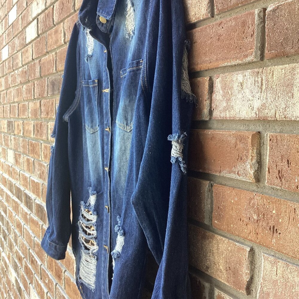 Leopard Button Up Patch Long Sleeve  Denim Jacket ( Size:  Fit XL-XXL) - Picture 3 of 4